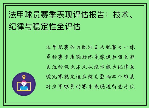 法甲球员赛季表现评估报告：技术、纪律与稳定性全评估
